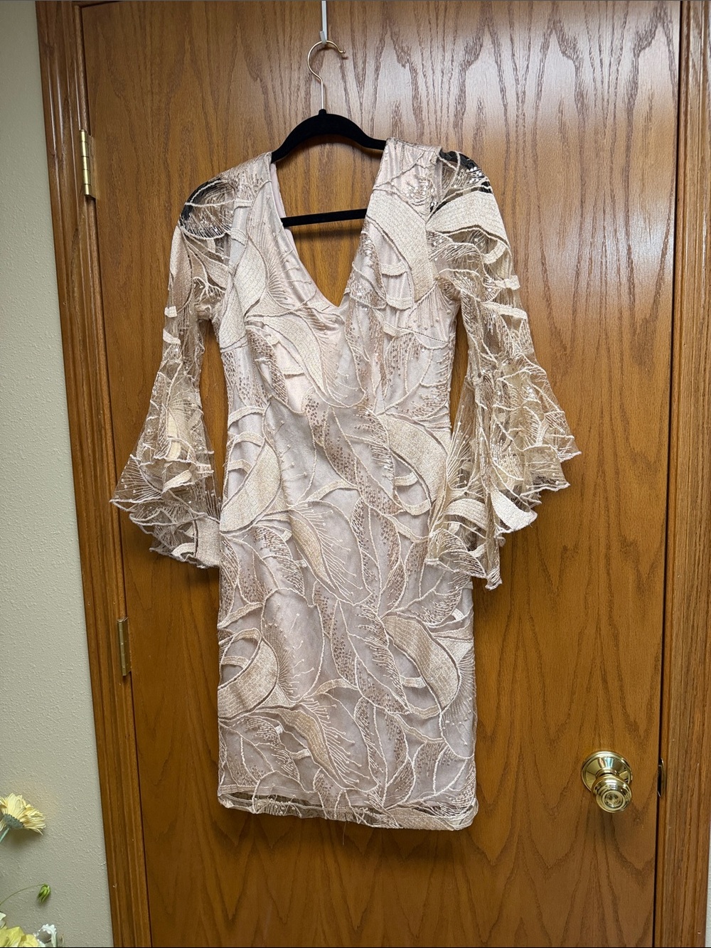 Frank Lyman Design V-Neck Lace Sheath Dress in Champagne Blush